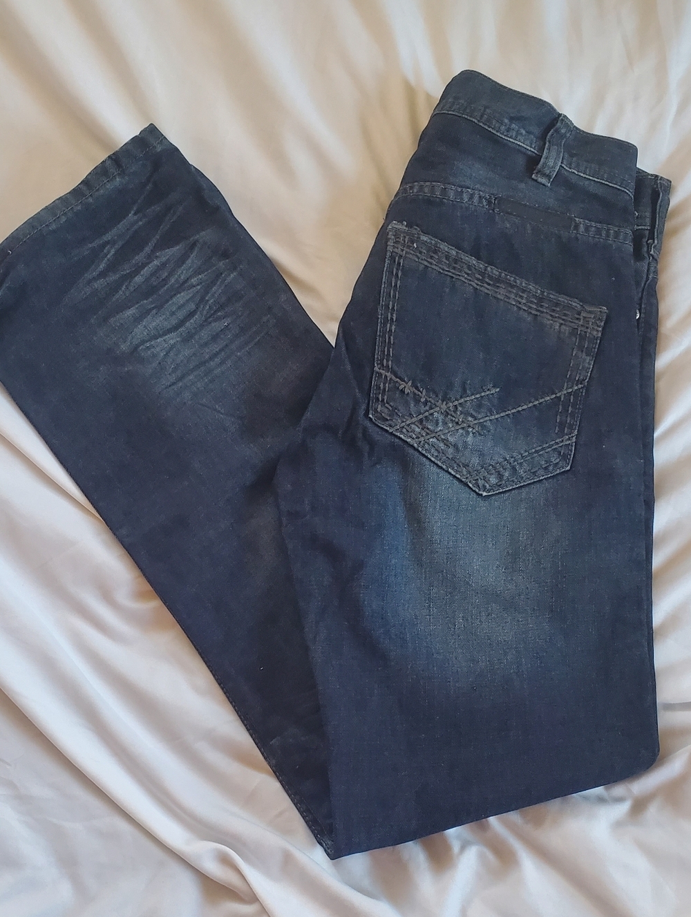 B. Tuff Kirk Dark Distressed Bootcut Men's Dark Blue Denim Jeans, Sz 30 x 34
